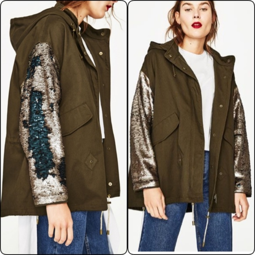 🏵️💚 Zara Women's Sequin Sleeve Parka